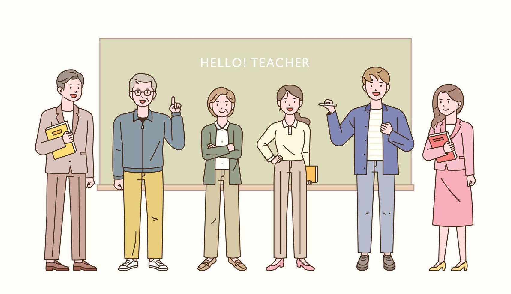Several Teachers Stand In Front Of The Blackboard And Teach Free Vector