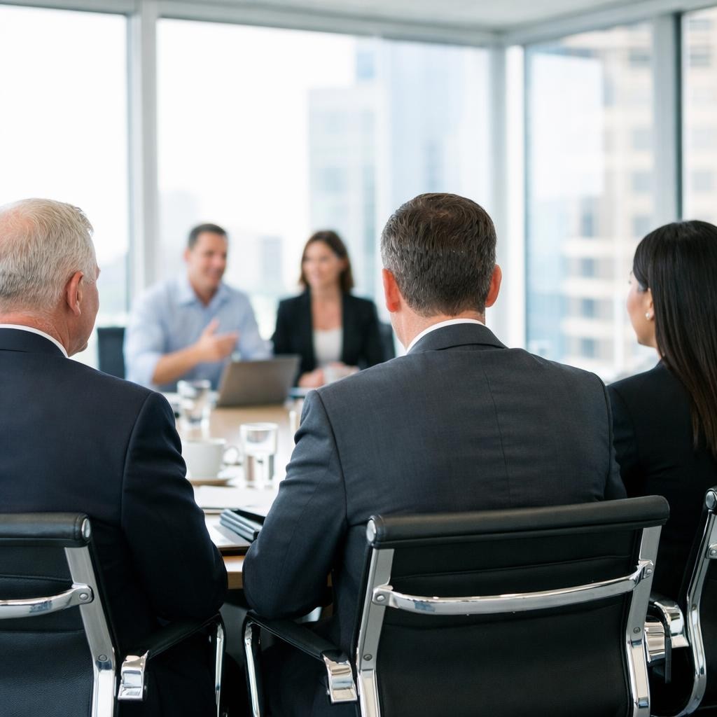 Business professionals sitting in a conference room during a meeting