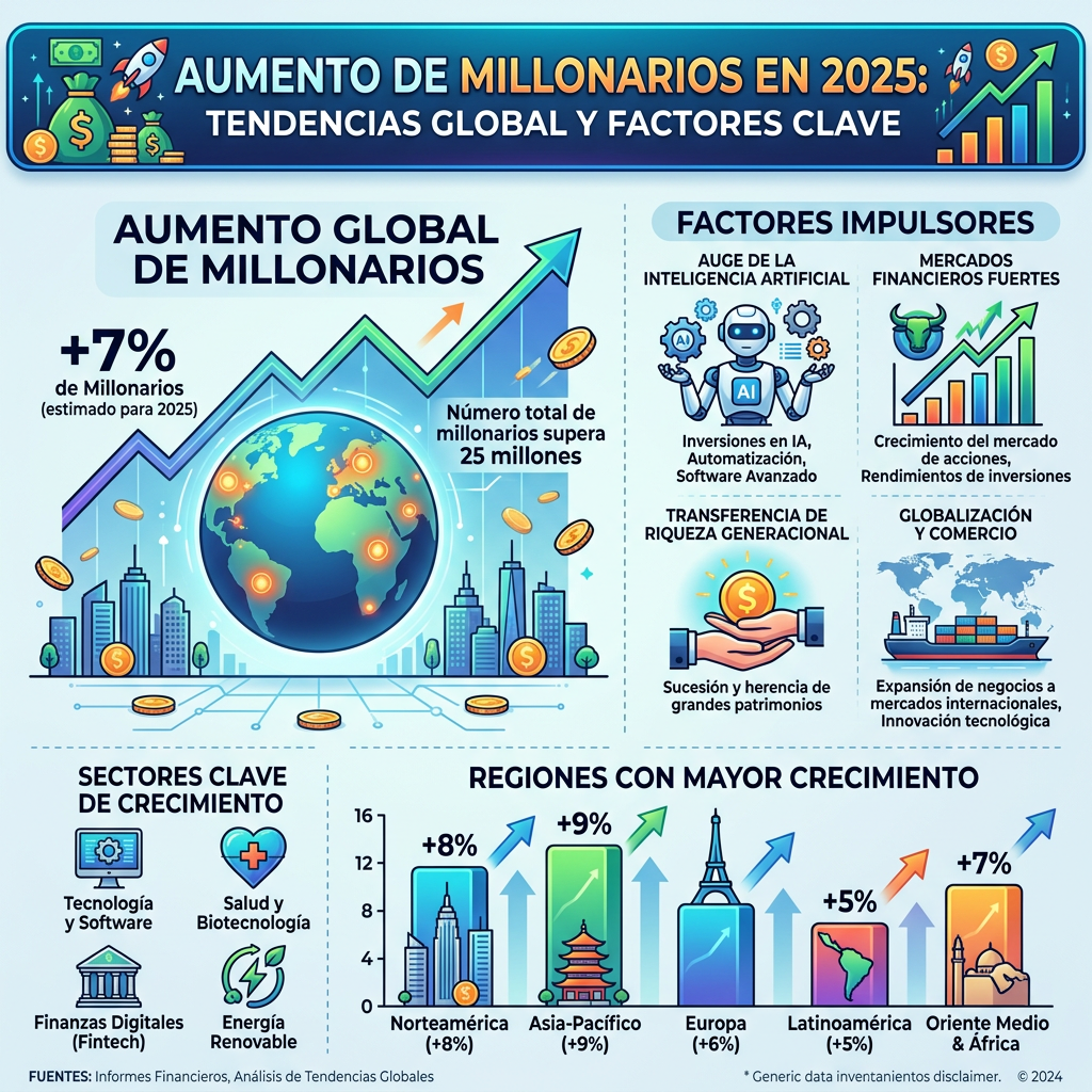 Global millionaire growth estimated at 7% by 2025 with over 25 million total millionaires and key growth sectors and regions