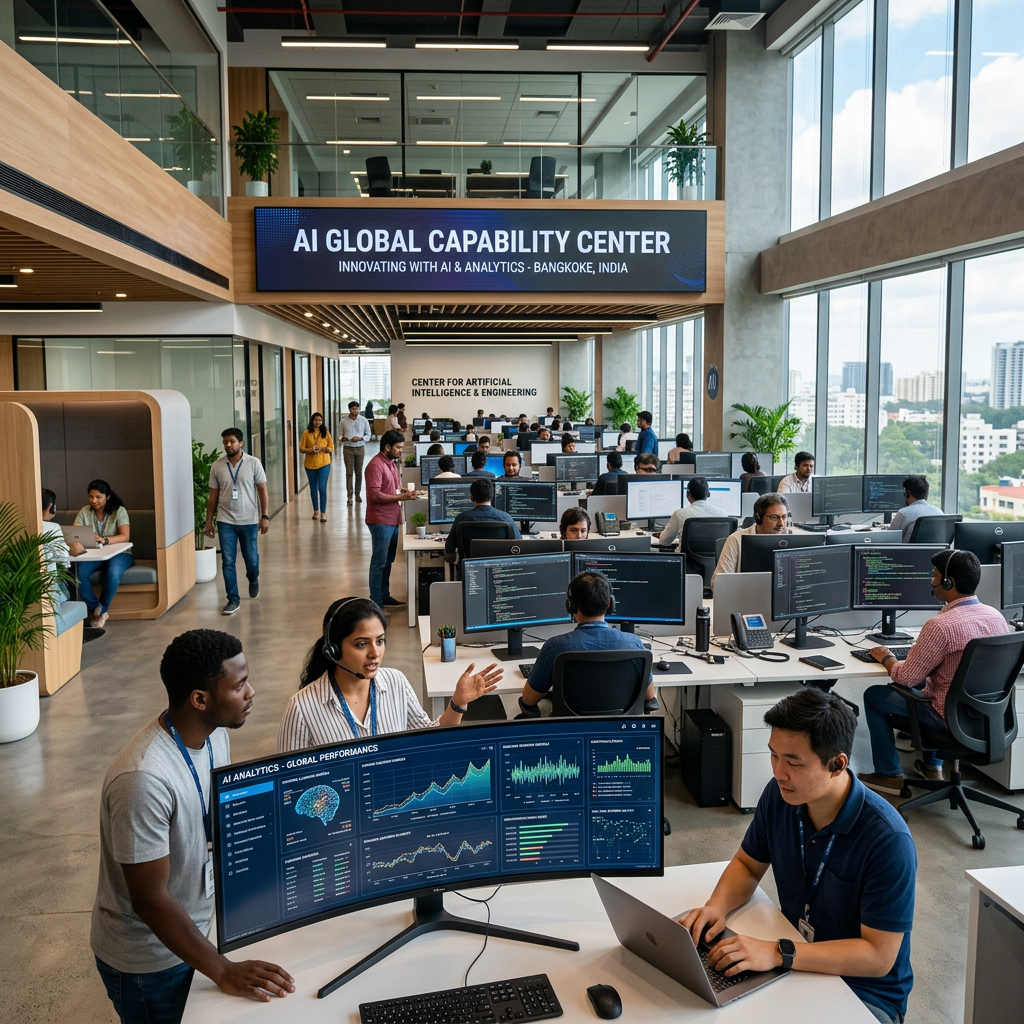 Open office with diverse team working on AI analytics and coding