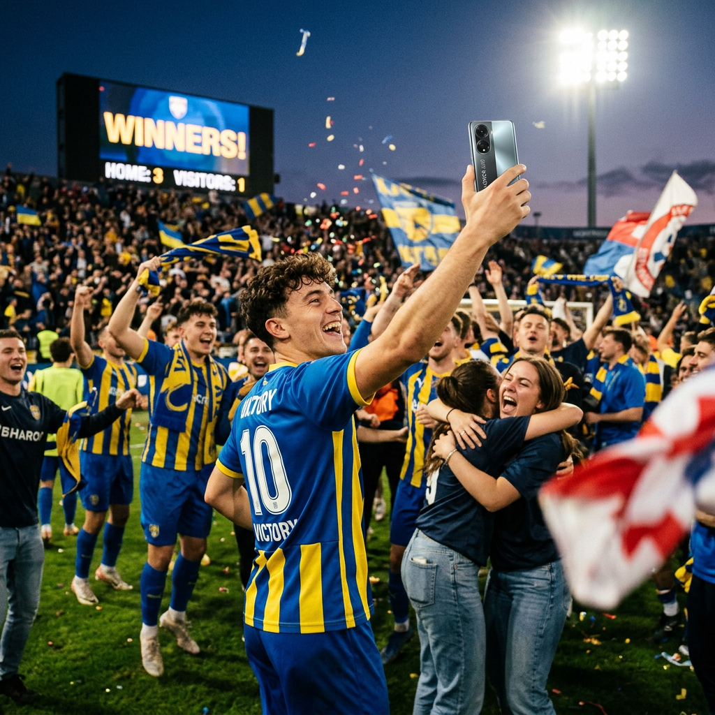 Soccer player in blue and yellow jersey taking a selfie with cheering crowd and scoreboard showing winners