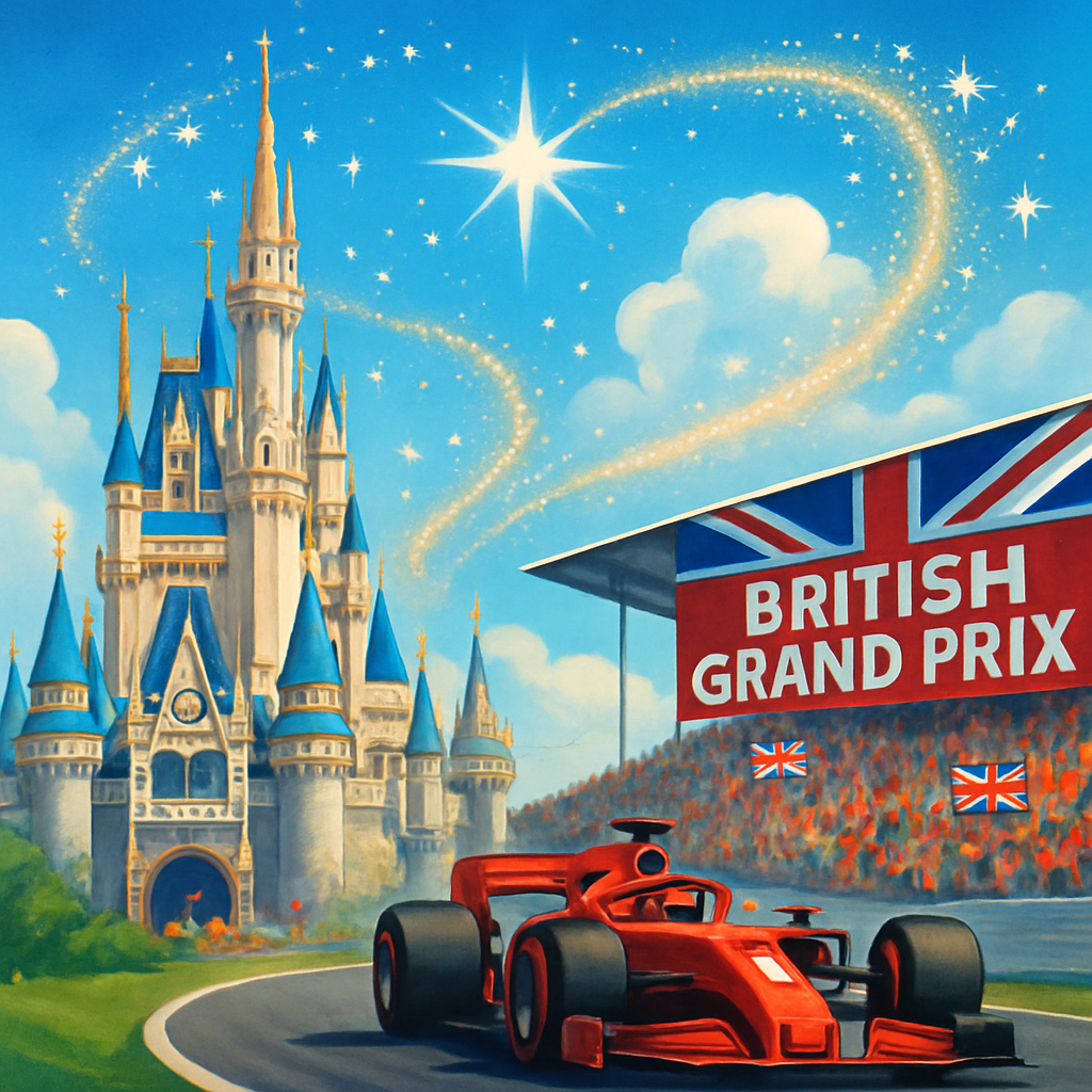 Red Formula 1 race car on track near castle and British Grand Prix sign