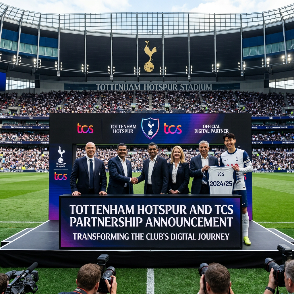 Executives and player at Tottenham Hotspur Stadium announcing TCS partnership for 2024/25 season