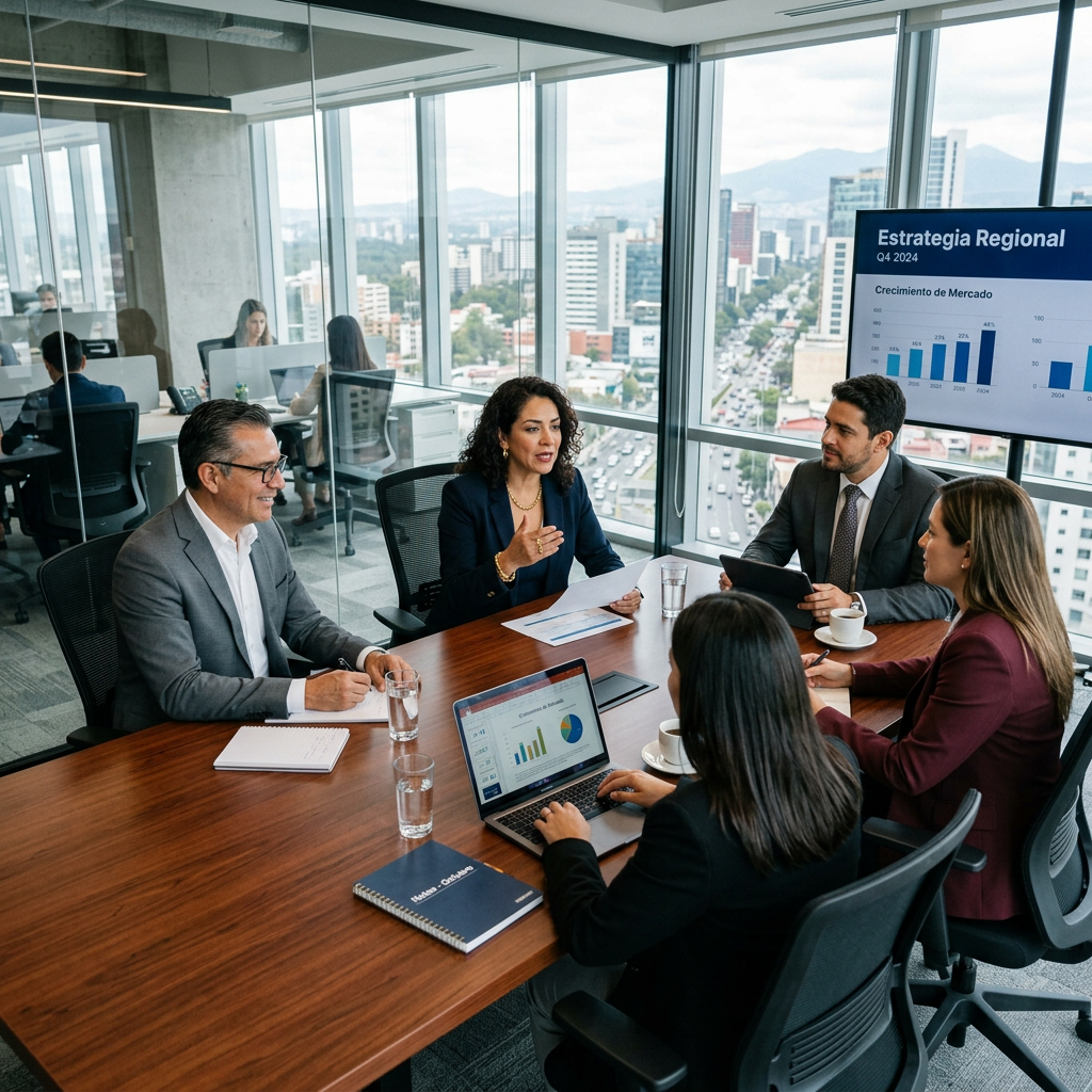 Five professionals in a glass-walled office room having a business meeting with charts and graphs on laptop and screen