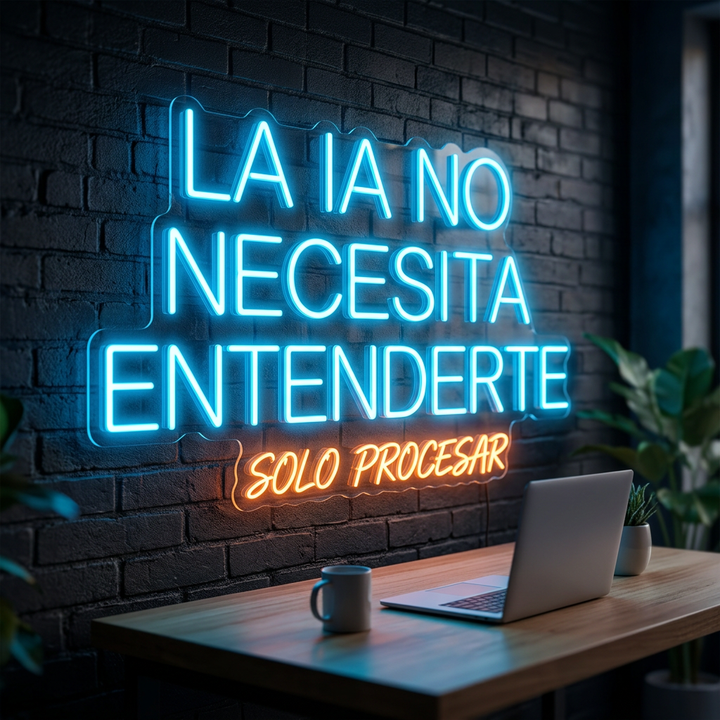 Neon sign in Spanish reading 'LA IA NO NECESITA ENTENDERTE SOLO PROCESAR' above a desk with laptop and plants
