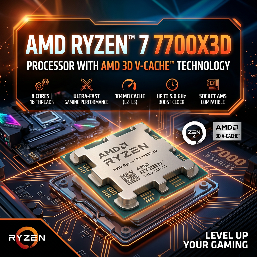 AMD Ryzen 7 7700X3D processor with 8 cores, 16 threads, 104MB cache, 5.0 GHz boost clock, AM5 socket compatible