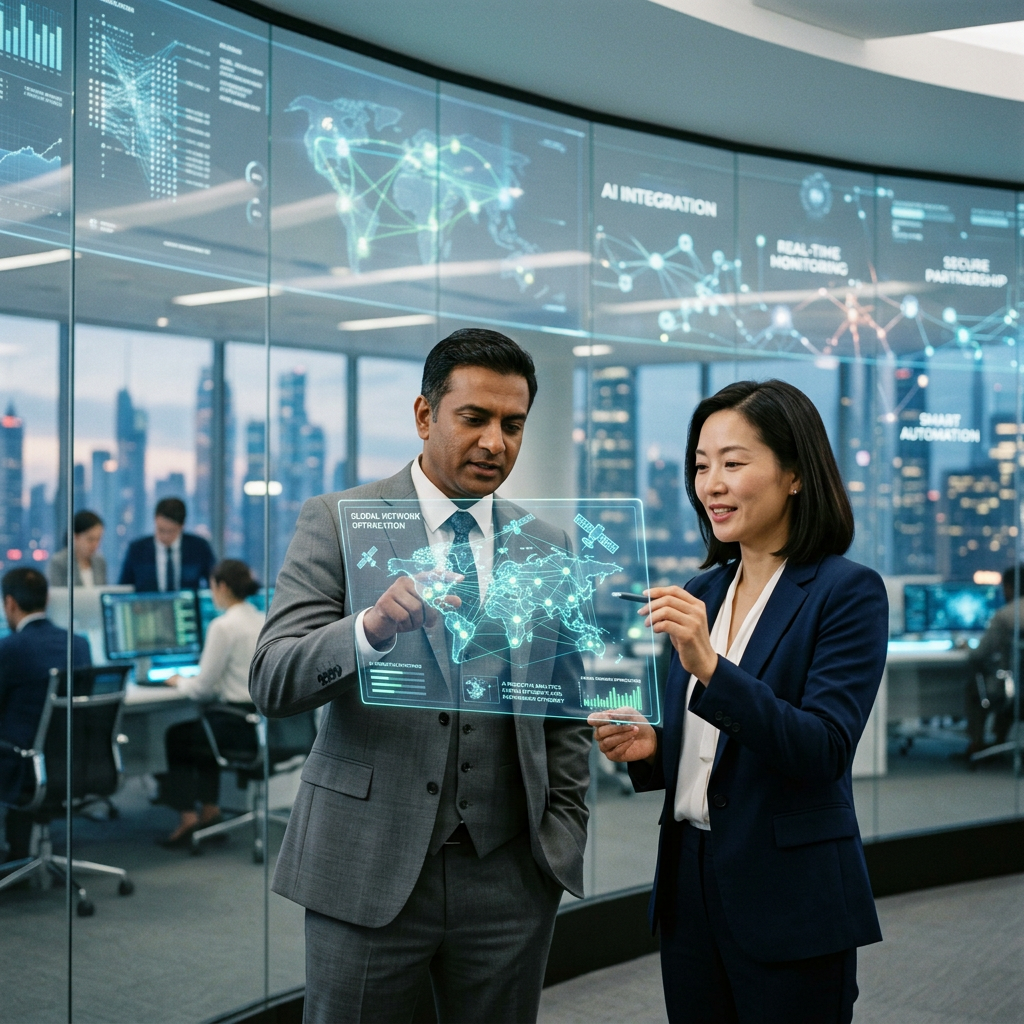 Two business professionals using transparent touchscreen with global digital data visualization