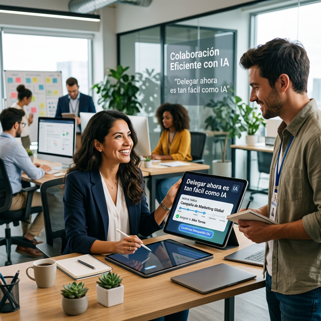 Colleagues collaborating in an office with AI task delegation on tablet