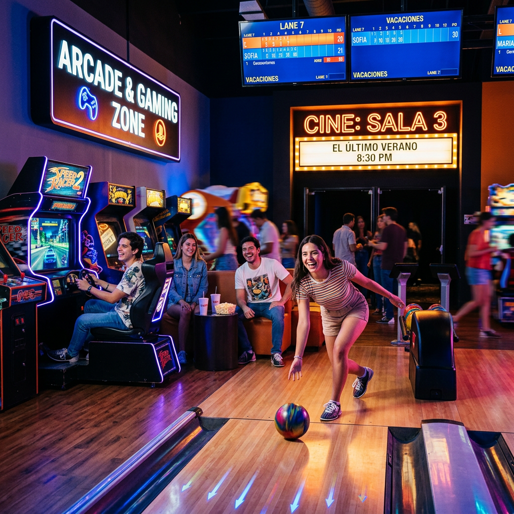 Group of young adults bowling and playing arcade games with neon lights