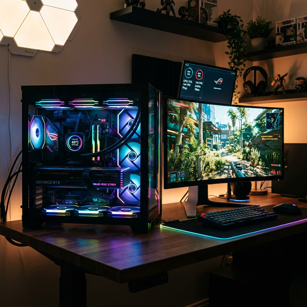 RGB gaming PC with dual monitors displaying gameplay and performance metrics