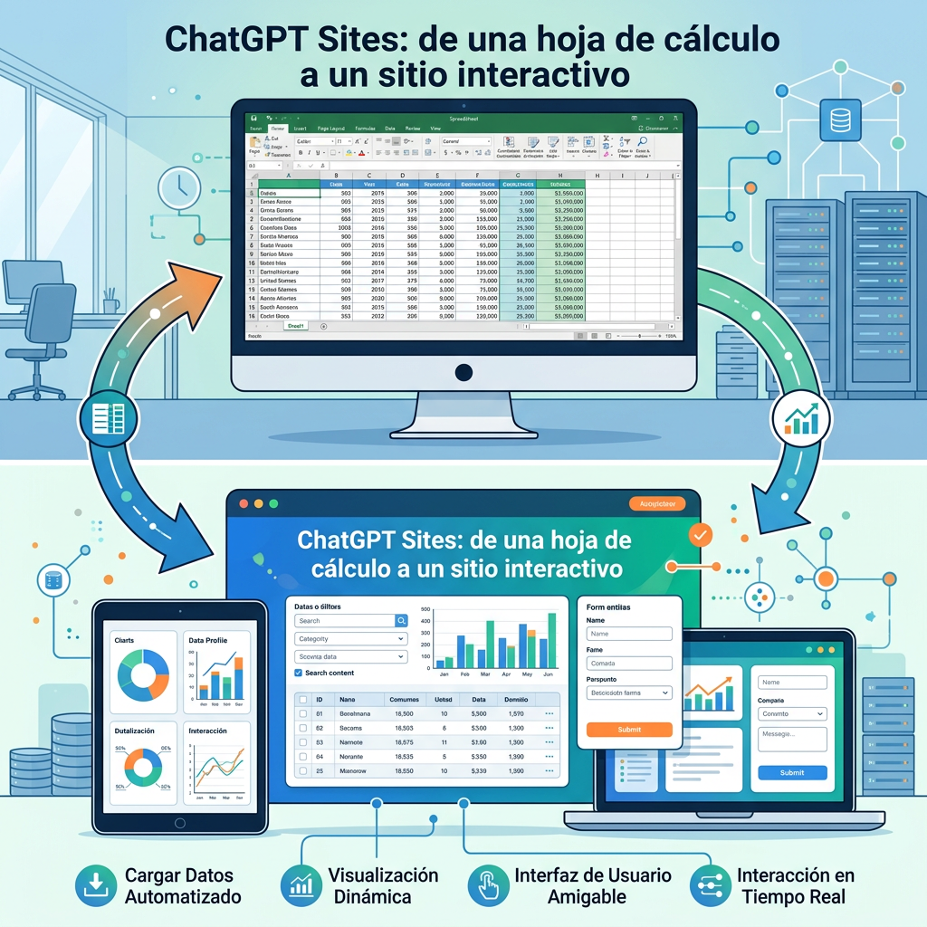 Infografía “ChatGPT Sites: de una hoja de cálculo a un sitio interactivo” con dashboards y datos conectados