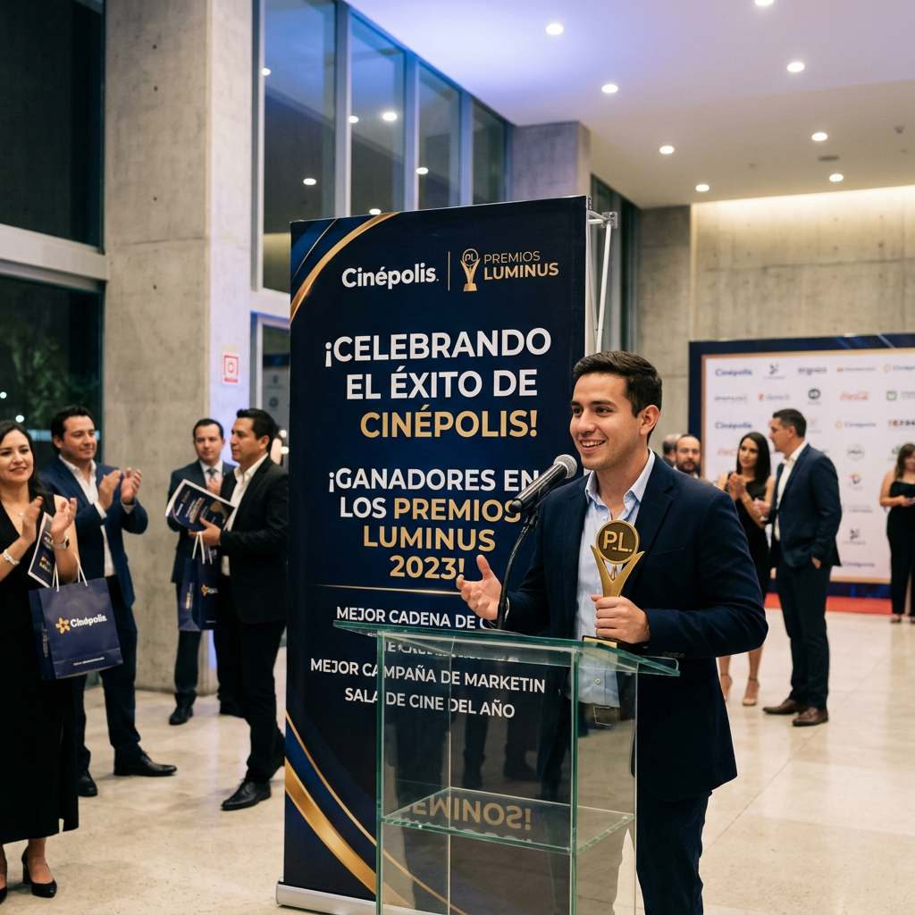 Cinépolis representative speaking with trophy beside Luminus Awards banner